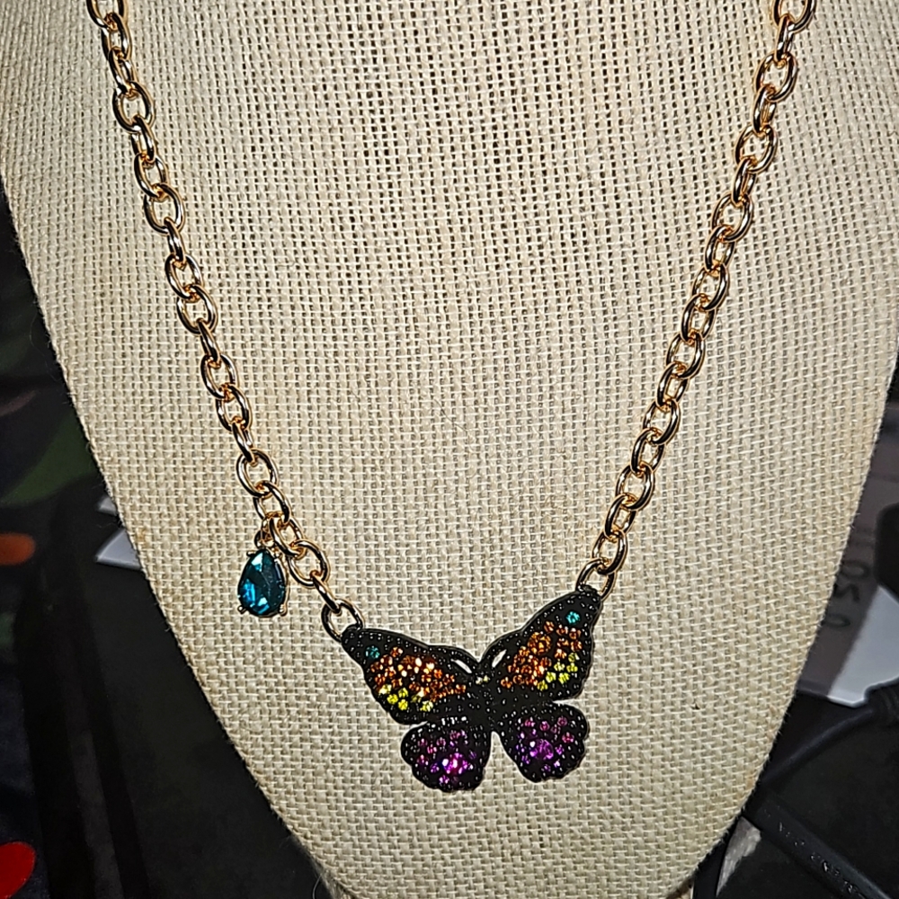 Betsey Johnson Gold Tone & Black Butterfly Pendant Necklace Crystal Accents